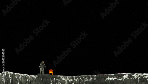 Standing Astronaut Spacesuit Lunar Landscape Moon Surface Robotic Rover Orange Robot Cliff Edge Starry Sky Space Exploration Sci Fi Dramatic Lighting 3d illustration