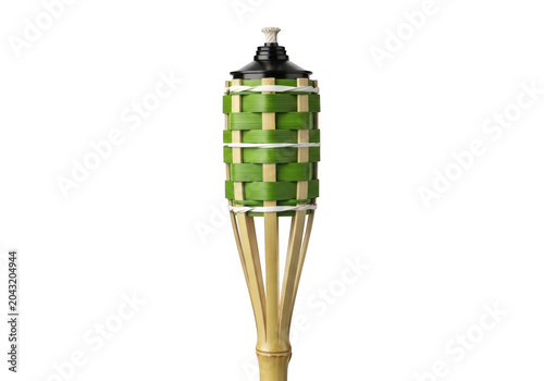 Bamboo tiki torch with green woven accents isolated on transparent background
