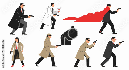 Stylized figures in classic spy attire, armed and alert, in various poses