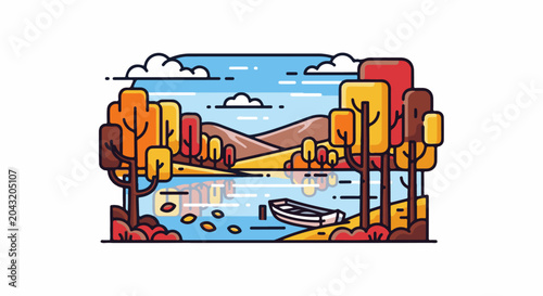 Stylized autumn landscape with vibrant trees and a calm lake