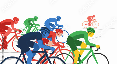 Stylized cyclists in a race, depicted with bold, flat colors and minimalist forms