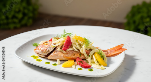 Roasted red snapper fish vector image garnished with citrus fennel salad orange segments grapefruit slices and vibrant green herb oil drops