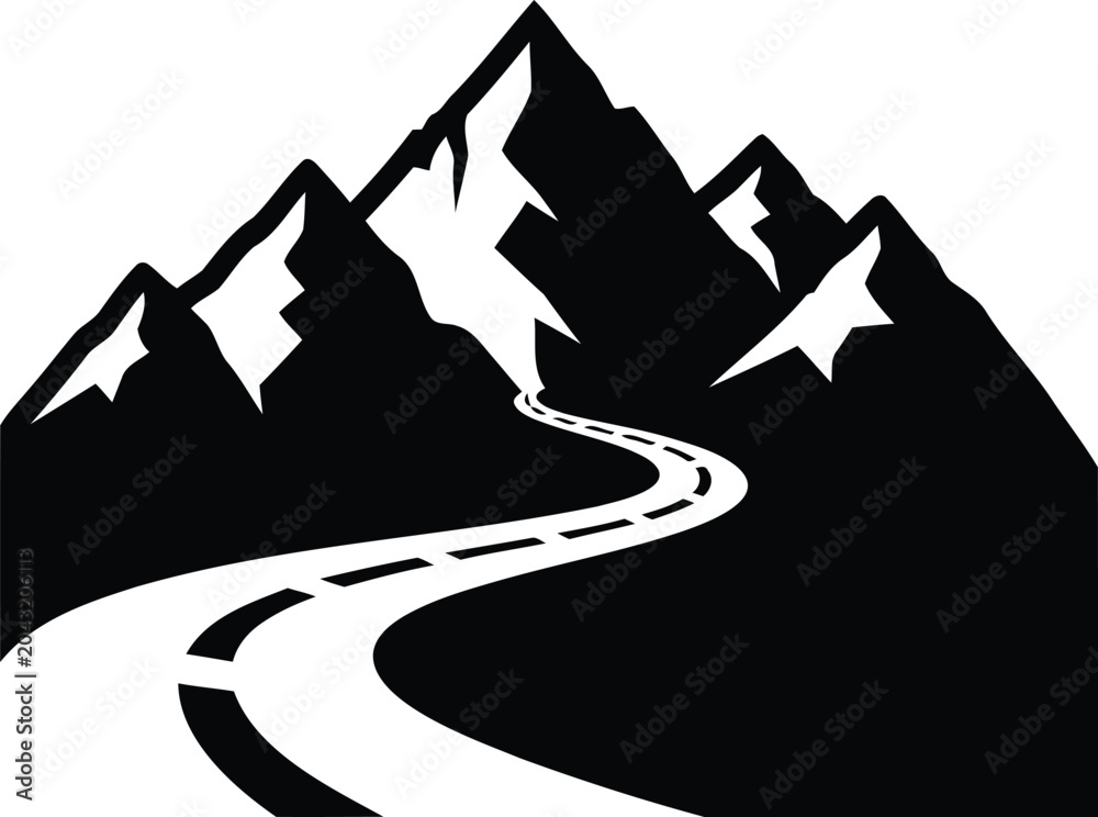 Obraz premium Classic mountain peaks with winding road landscape black vector art