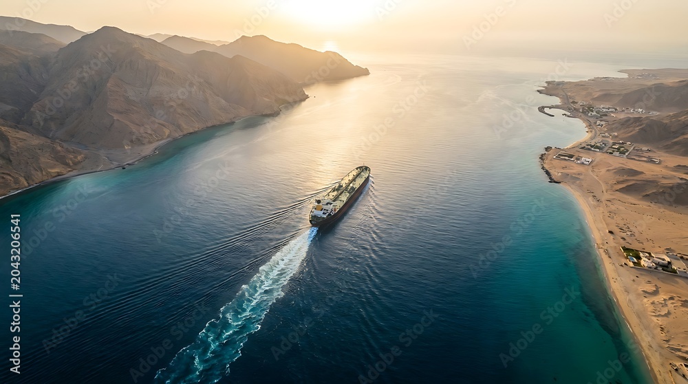 Fototapeta premium Aerial view of oil tanker ship in the strait of hormuz with shipping