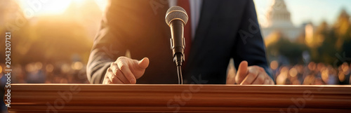 A politician delivers a speech at a podium, addressing a large crowd outdoors