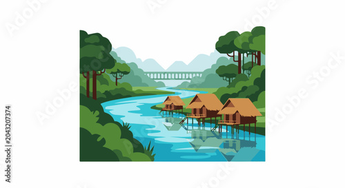 Tropical river with stilt houses, jungle, and distant bridge