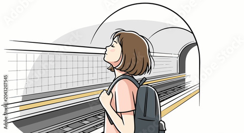 Young woman with backpack waits on subway platform, eyes closed