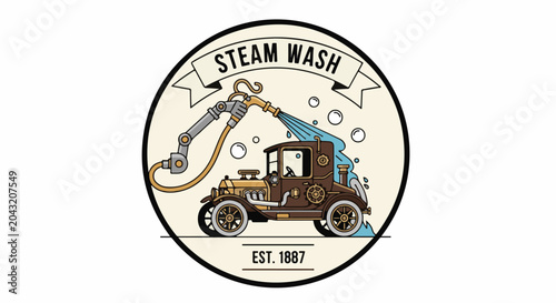 Vintage automobile receiving a steam wash from an automated arm