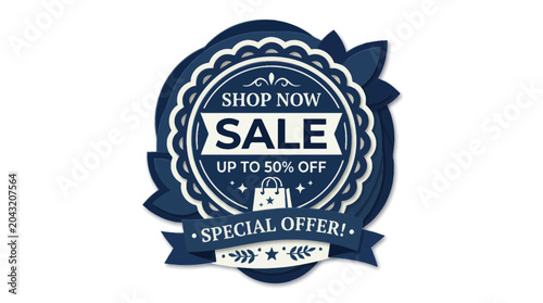 Fotografia Shop Now Sale Badge: Up to 50% Off Special Offer with Shopping Bag Icon