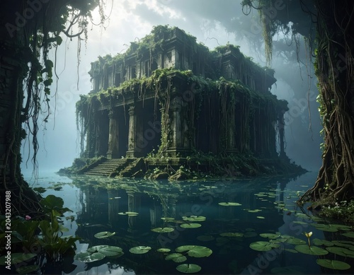 Ancient, overgrown structure in a serene, water-filled environment