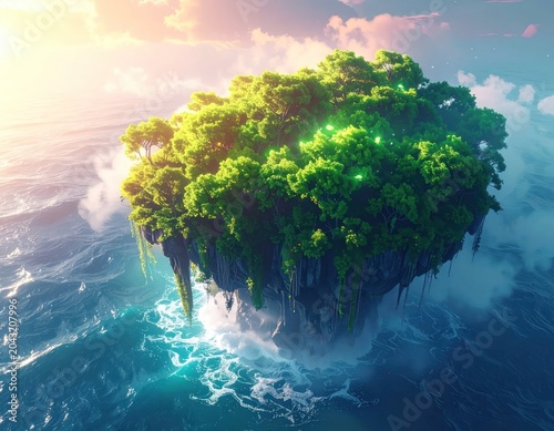 Floating island covered in lush green trees above swirling ocean waves
