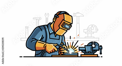 Welder with mask and gloves works on metal, sparks fly, vice holds piece