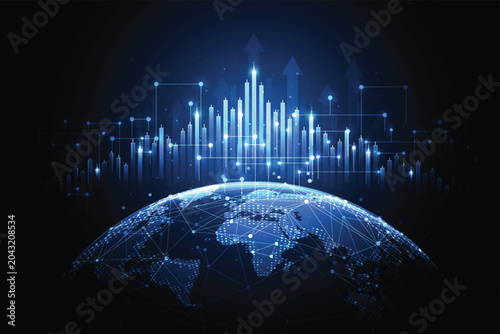 Business trading candle stick graph chart of stock market investment with global background design. Bullish point, Trend of graph. Vector illustration