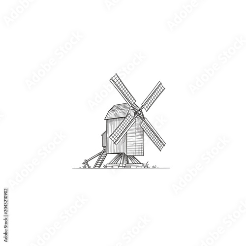 Wooden Post Windmill Ladder Line Art Sketch