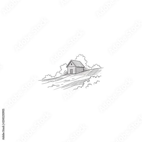 Hillside Millhouse Landscape Line Art Sketch
