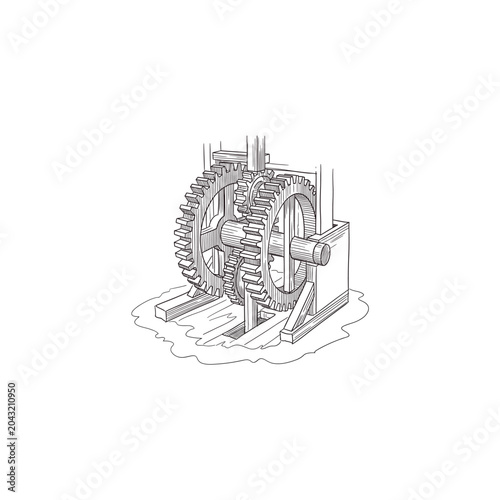 Wooden Cogwheel Gear Line Art Sketch