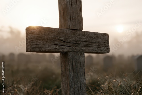 Close-up of a weathered wooden cross in a cemetery at sunrise, with tombstones blurred in the background.