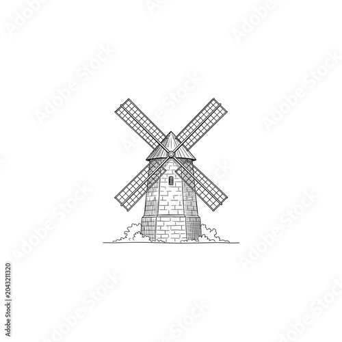 Stone Tower Windmill Line Art Sketch