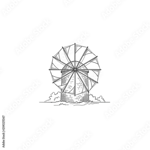 Mediterranean Stone Windmill Line Art Sketch