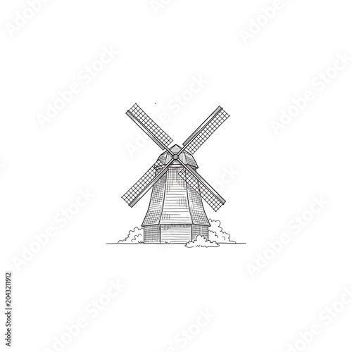 Dutch Smock Windmill Line Art Sketch