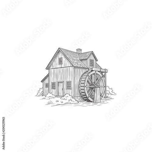 Timber Watermill Waterwheel Line Art Sketch