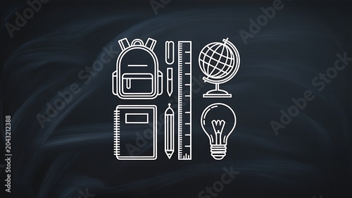 Collection of white line art school supplies and educational objects on a chalkboard background