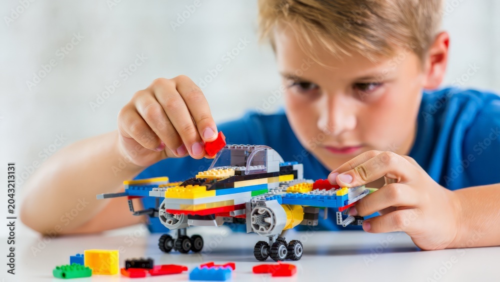Obraz premium A young boy with blond hair intently builds a colorful Lego airplane on a white table, surrounded by scattered pieces, showcasing his creativity and focus.