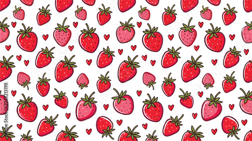 Φωτογραφία Hand drawn strawberry seamless pattern, cute red berry background with hearts, s
