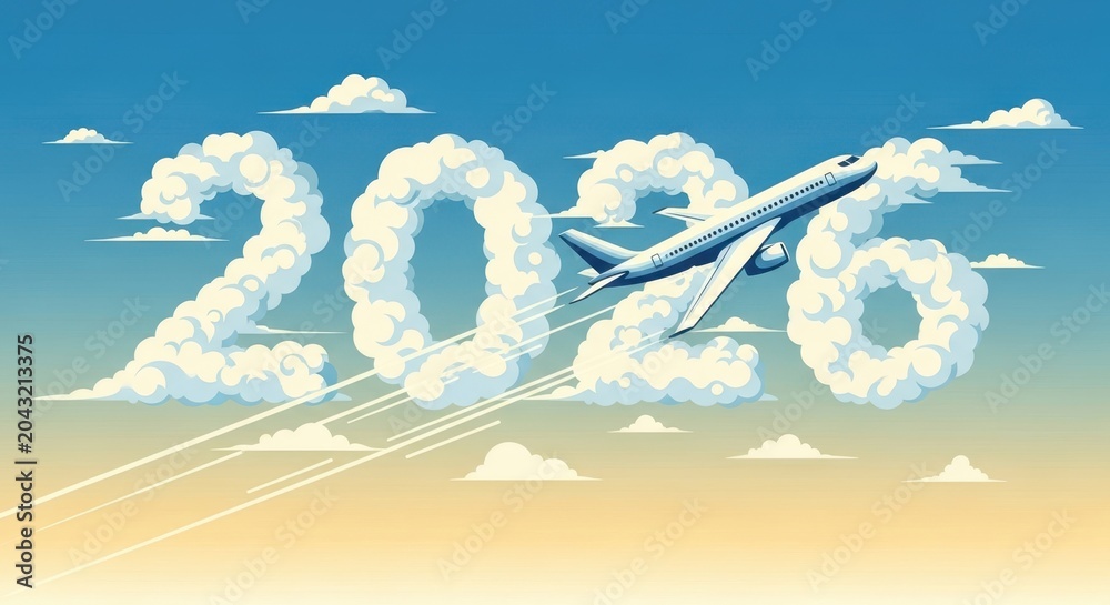 Obraz premium Airplane flying through clouds forming the year 2026