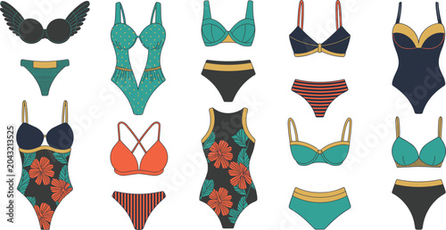Foto Women swimsuit vector illustration set, fashion bikini and one piece swimwear co