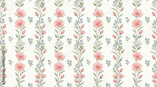 Bild auf Leinwand Vintage floral seamless pattern with pink flowers, delicate botanical vertical s