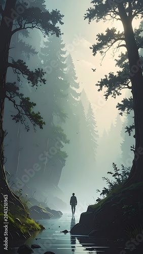 person walking alone in misty forest.