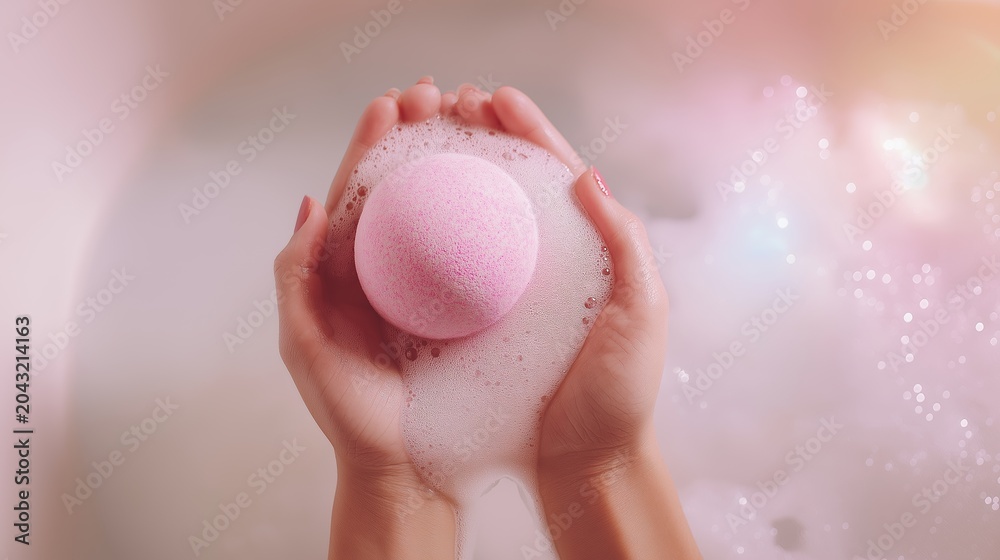 Fototapeta premium Hands holding a pink bath bomb creating bubbles and foam, soft water dissolving round sphere, natural personal care product