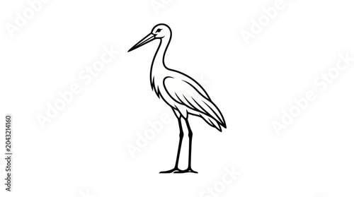 Bild auf Leinwand Elegant Stork Bird Drawing, Minimalist Line Art, Black and White, Isolated on Wh