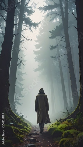 Mysterious figure walking through foggy forest.