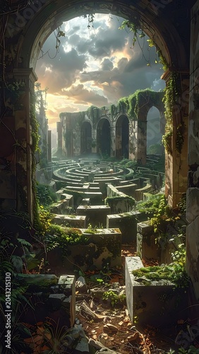 Ancient stone maze with cloudy sky.