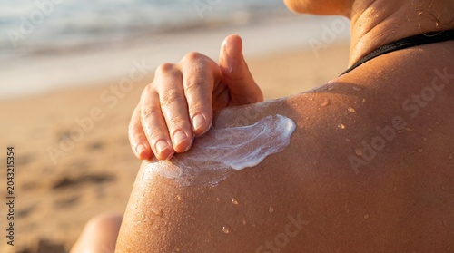 sunscreen applied shoulder beach sun protection summer skin minimal bright composition bright commercial crop hand spreading lotion on glowing shoulder suggests skincare wellness safety body care