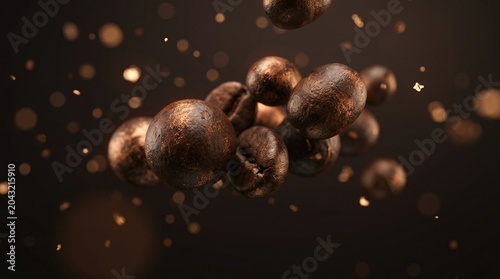 Clusters of brown spheres floating against a dark backdrop, creating a captivating 3D visual effect with sparkles