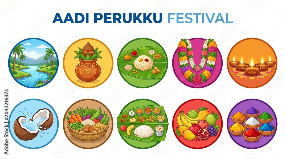 Fototapeta premium Aadi Perukku Festival Icons Set with Traditional South Indian Ritual Elements and Offerings