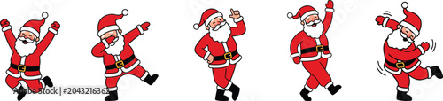 Photos A set of five cartoon santa clauses dancing in different poses isolated on white