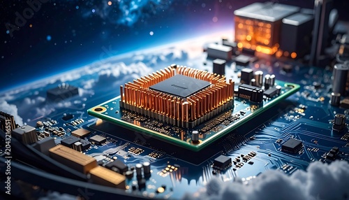 Microchip on circuit board in space.