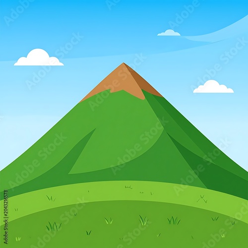 Green mountain landscape with blue sky.