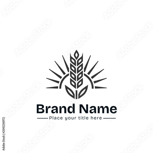 Foto Minimalist Agriculture Logo Design with Wheat Grain Spike and Rising Sun Rays fo