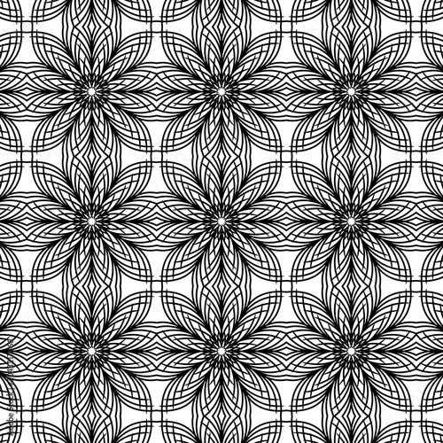 ​Starburst geometric seamless pattern. Black and white abstract line background.