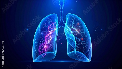 Neon lungs entwined with glowing DNA, radiating resilience, clarity, and transformation; a vivid emblem of genetics, breath, and biotechnology within life’s framework.