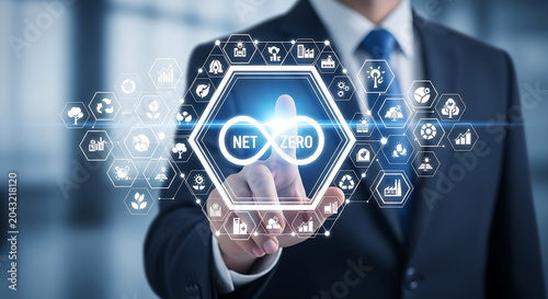 Businessman touching digital interface for net zero carbon target with business
