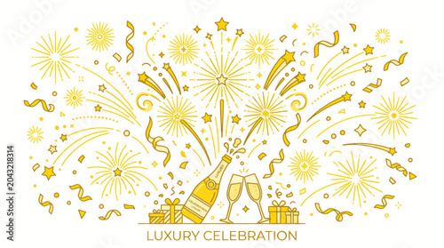 Luxury Celebration: Champagne, Fireworks, Gifts, and Confetti - Golden Design