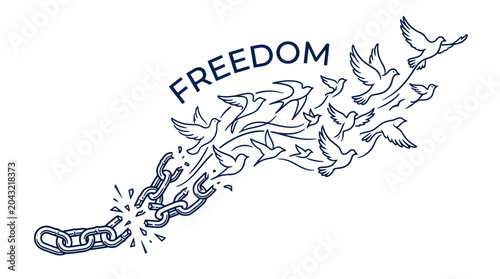 Billede på lærred Birds flying free from broken chain, freedom concept illustration