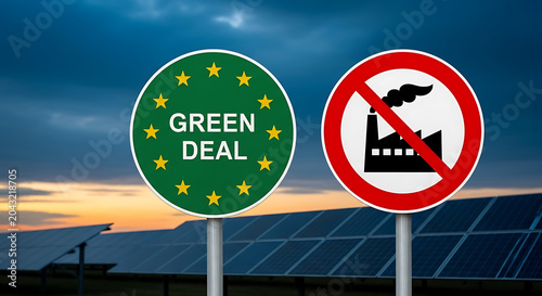 Green deal concept with industrial emission prohibition road signs at sunset