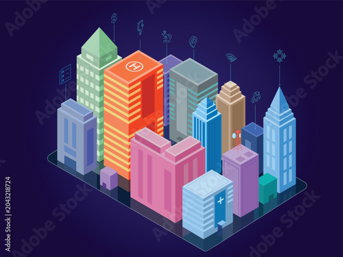 Modern Smart City Isometric, smart infrastructure Vector Illustration